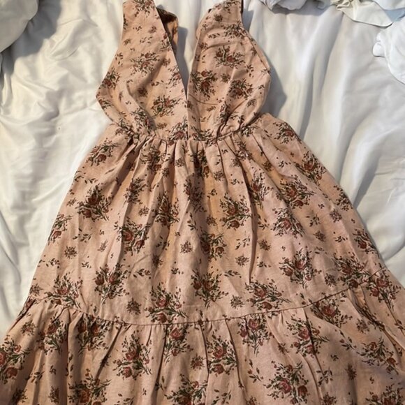 HOUSE OF HARLOW Linen Floral Deep V-neck Bow Back Mini Dress XS Pink - Picture 4 of 7
